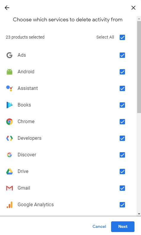 choosing the google services to be deleted